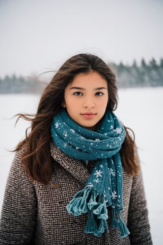 A 20 years old girl stands in the middle of a snowy field, her face filled with wonder and joy. She is wearing a cozy winter coat and a colorful scarf, her hair gently blowing in the wind. The digital camera used to capture this moment is a Canon EOS Rebel T7i, positioned at a low angle to capture the beauty of the snow-covered landscape surrounding her. The soft, natural light enhances the peaceful atmosphere, highlighting the delicate snowflakes falling around her. The overall scene conveys a sense of tranquility and serenity in the midst of a winter wonderland.