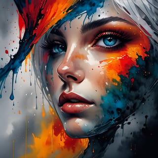 very beautiful woman, big breasts, abstract beauty with white hair and blue gray eyes, looking at the camera, approaching perfection, dynamic, red black and orange colors, very detailed, digital painting, artstation, concept art, sharp focus, illustration, art by Carne Griffiths and Vadim Kashin,<lora:659095807385103906:1.0>,<lora:659095807385103906:1.0>