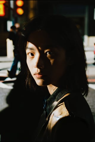 realistic,portrait,film grain,shadow,dark,asian,woman,renaissance,epic,fantastic,street,messy hair,light,grainy,real photo,outdoor,grainy,lightshapes