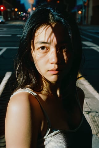 realistic,portrait,film grain,shadow,dark,asian,woman,renaissance,epic,fantastic,street,messy hair,light,grainy,real photo,outdoor,grainy,lightshapes