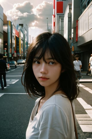 realistic,portrait,film grain,shadow,dark,asian,woman,sunlight,day,epic,fantastic,street,messy hair,light,grainy,real photo,outdoor,grainy,lightshapes,cloudy color,japan,