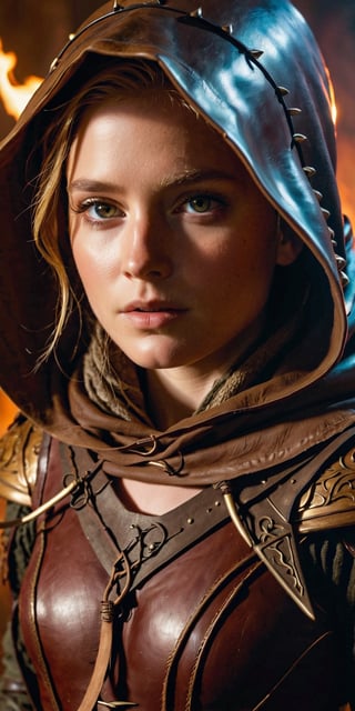 The image shows a [girl:Maude Adams:0.1]  who looks like an archer. The girl wears dark leather armor, and she has a hood that partially hides her face, adding mystery to the image. A quiver of arrows is visible on the back. The character is holding a curved bow in his hands, and he can be seen pulling the string, preparing to make a shot. A flame of fire on the background that illuminates the scene, creating a dramatic and tense mood. The composition of the image and the style resemble the aesthetics of an epic fantasy.