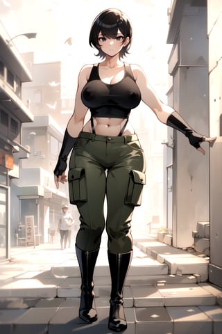 1girl, fullbody, mature female, milf, curvy, large breasts,abs, voloptuous, tall, full body shot, black hair, cyberpunk style, covered erect nipples,komi shuuko,black eyes, short hair, standing, military style clothing, tank top, brown cargo pants, cammo pattern, military boots, fingerless gloves, skindentation, small black leather jacket