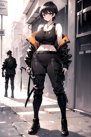 1girl, fullbody, mature female, milf, curvy, large breasts,abs, voloptuous, BREAK (black techwear jacket with a black tank top, brown cargo pants with buckle and tape), tall, full body shot, black hair, cyberpunk style, covered erect nipples,komi shuuko,black eyes, short hair, dog tags