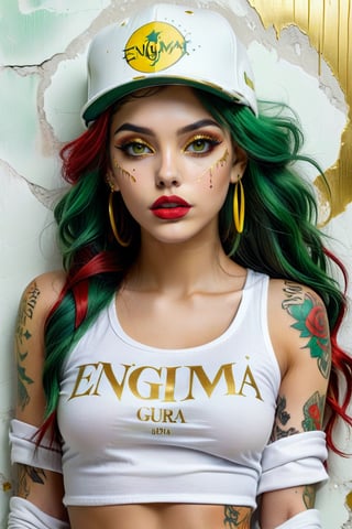 Yerlim12k ultra HD. a very beautiful and realistic girl, with brown eyes, with tattoos, wearing a white top with a yellow top with the text "ENIGMA" "GURU" with a green cap, extravagant colored hair, with red and gold lipstick. Cracked white wall with golden cracked background, illustration, photo