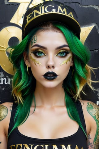 Yerlim12k ultra HD. a very beautiful and realistic girl, with green eyes, with tattoos, wearing a black top with a gold top with the text "ENIGMA" "GURU" with a green cap, extravagant colored hair, with black and gold lipstick. Cracked white wall with golden cracked background, illustration, photo