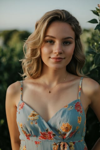 The digital camera used for this photo is a Canon EOS Rebel T7i, capturing the image from a high angle. The photo shows a young woman with a full bust, wearing a floral dress, smiling brightly with a hint of shyness. The lighting accentuates her features, casting a soft glow on her face. In the background, a lush garden with colorful flowers and a clear blue sky can be seen, enhancing the overall beauty of the scene. The weather is sunny and warm, adding a cheerful vibe to the image.