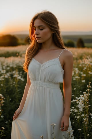 A young girl, dressed in a flowy white dress, stands in a field of wildflowers. Her face is illuminated by the warm, golden light of the setting sun, casting a soft glow on her delicate features. With a peaceful expression, she gazes off into the distance, lost in thought. The digital camera used to capture this moment is a Canon Rebel T7i, positioned at a low angle to capture the beauty of the flowers surrounding her. The gentle breeze rustles her hair as the clear blue sky and distant mountains create a serene backdrop.