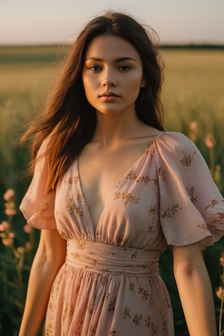 A young woman, dressed in a flowing floral dress, stands in a field at sunset. Her face is illuminated by the warm golden light, highlighting her serene expression. She gazes into the distance with a faint smile, her hair gently blowing in the wind. The digital camera used to capture this moment is a Canon EOS Rebel T7i, angled from a low perspective to capture the full beauty of the sunset behind her. The scene is peaceful, with a few trees in the background and the sky painted in shades of pink and orange.