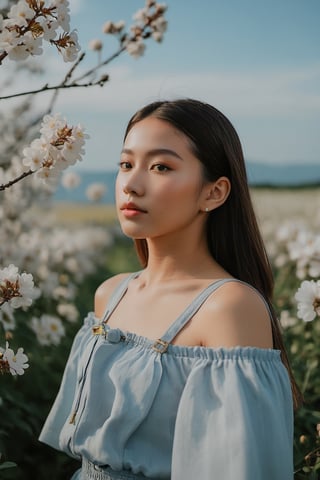 The digital camera used for this photo is a Nikon D850, capturing the girl's face with a mix of surprise and joy. She strikes a confident pose in a stylish outfit, standing under the soft afternoon light. The background showcases a beautiful landscape with blooming flowers and clear blue skies, enhancing the overall mood of the image. The weather is warm and pleasant, adding a touch of serenity to the scene.