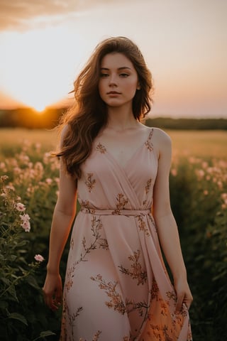 A young woman, dressed in a flowing floral dress, stands in a field at sunset. Her face is illuminated by the warm golden light, highlighting her serene expression. She gazes into the distance with a faint smile, her hair gently blowing in the wind. The digital camera used to capture this moment is a Canon EOS Rebel T7i, angled from a low perspective to capture the full beauty of the sunset behind her. The scene is peaceful, with a few trees in the background and the sky painted in shades of pink and orange.