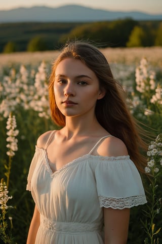 A young girl, dressed in a flowy white dress, stands in a field of wildflowers. Her face is illuminated by the warm, golden light of the setting sun, casting a soft glow on her delicate features. With a peaceful expression, she gazes off into the distance, lost in thought. The digital camera used to capture this moment is a Canon Rebel T7i, positioned at a low angle to capture the beauty of the flowers surrounding her. The gentle breeze rustles her hair as the clear blue sky and distant mountains create a serene backdrop.