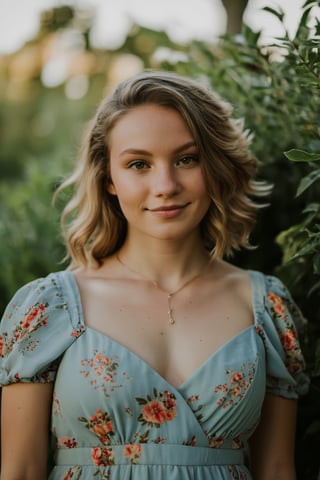 The digital camera used for this photo is a Canon EOS Rebel T7i, capturing the image from a high angle. The photo shows a young woman with a full bust, wearing a floral dress, smiling brightly with a hint of shyness. The lighting accentuates her features, casting a soft glow on her face. In the background, a lush garden with colorful flowers and a clear blue sky can be seen, enhancing the overall beauty of the scene. The weather is sunny and warm, adding a cheerful vibe to the image.