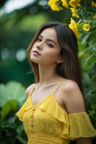 The girl, with a serene expression, poses gracefully in a vibrant yellow sundress. The digital camera, a Nikon D750, captures her delicate features in soft lighting from a low angle, highlighting her natural beauty. The background reveals a lush green garden with colorful flowers blooming under the clear blue sky. The gentle breeze ruffles her hair as she gazes off into the distance, lost in thought. The overall mood of the photo is peaceful and dreamy, evoking a sense of tranquility and beauty in nature.