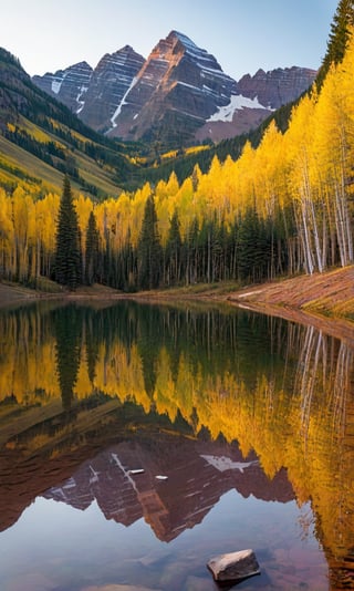 Serene Fall Morning at Maroon Bells, Colorado: A tranquil scene unfolds as the golden aspens stand tall against a backdrop of emerald pine trees, their needles rustling gently in the crisp autumn air. The still lake's glassy surface reflects the low-angle sunlight, casting a warm glow on the majestic Maroon Bells, which seem to bleed into a deep maroon hue. The morning's cool mist dances across the water, creating an ethereal veil that shrouds the landscape in mystery.