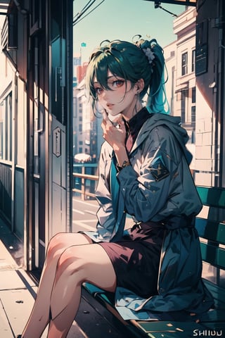 masterpiece, ultra detailed, high quality, 1girl, (blush, red face, parted lips), detailed lips, sitting in bench, (solo), wide shot, scenery, full body, Kuki Shinobu, green hair, hair between eyes, ponytail, short hair, (purple eyes:1.1), hair ornament, kukishinoburnd