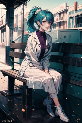 masterpiece, ultra detailed, high quality, 1girl, (blush, red face, parted lips), detailed lips, sitting in bench, (solo), wide shot, scenery, full body, Kuki Shinobu, green hair, hair between eyes, ponytail, short hair, (purple eyes:1.1), hair ornament, kukishinoburnd