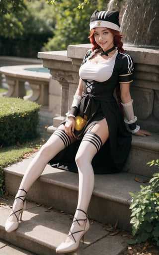 masterpiece, best quality, 1girl, lupusregina, red hair, long hair, twin braids, yellow eyes, (glowing eyes:0.5),  dress, hat, maid, white thighhighs, garter belt, high Heels, sitting_on_knees
, smile, looking at viewer, fullbody, outdoors, natural lighting, upusregina,lupusregina