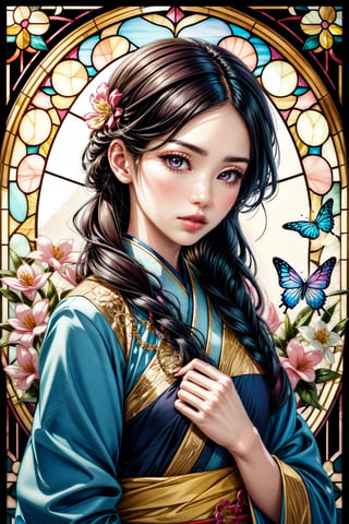 an original artwork that combines elements of stained glass and illustration and depicts a female Asian with slanted eyes and pouty lips wearing in an elaborate hanfu , surrounded by an ornate frame and colorful flowers. She is beautiful and gentle, her face shows tenderness and care, and the image gives off a magical and mysterious vibe with bright gems and butterflies. This is a creative and beautiful image.