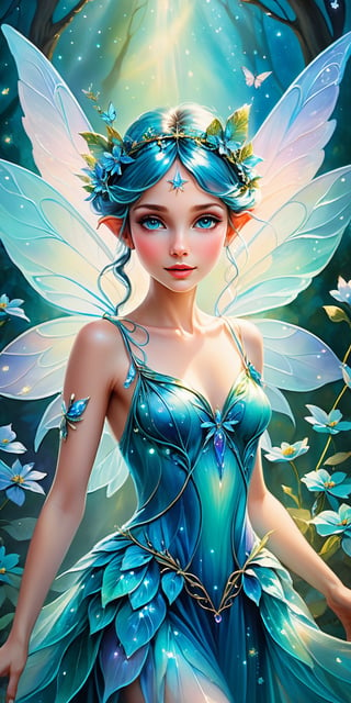  Photorealistic,  A captivating mixed media painting featuring a whimsical, otherworldly fairy. The fairy is adorned with iridescent Aqua Turquoise powder blue periwinkle hues
shimmering with glittering colors. She has delicate wings that glisten like leaves in a breeze, and her eyes sparkle with a mysterious enchantment. She holds a magical wand in one hand, while the other is gracefully extended, as if inviting the viewer into her magical realm. The background is a blend of ethereal, dreamlike elements, including swirling clouds and a cascade of colorful flowers.