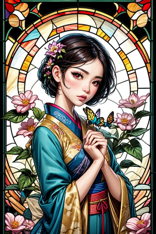 an original artwork that combines elements of stained glass and illustration and depicts a female Asian with slanted eyes and pouty lips wearing in an elaborate hanfu , surrounded by an ornate frame and colorful flowers. She is beautiful and gentle, her face shows tenderness and care, and the image gives off a magical and mysterious vibe with bright gems and butterflies. This is a creative and beautiful image.