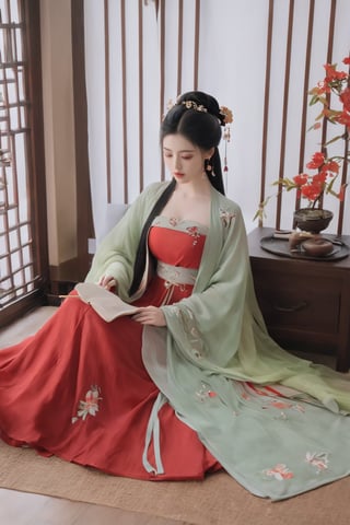 (masterpiece, best quality:1.2),1girl, solo, long hair, black hair,(huge breasts:1.89),Hairpins,necklace, hair ornament, dress, full body, flower, earrings, indoors, hair bun, (red-green dress:1.29),(Tube top Hanfu long skirt:1.1), pillow, bed, night, chinese clothes, table, branch,daxiushan, ,daxiushan style,(huge breasts:2.33), (full breasts:2.34), realistic,hanfu, daxiushan,Shoulders are exposed, , daxiushan, arien_hanfu,,More Reasonable Details,Xyunluo,Xningyudie