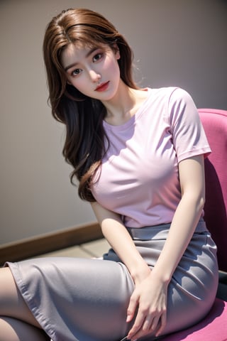 (Best quality, 8k, 32k, Masterpiece, UHD:1.2),Photo of Pretty Japanese girl, 1girl, mid-twenty girl, (medium-short dark brown hair), double eyelids,  long-legged, soft curves, (pink tight fit suit:1.39), (pink shirt, grey skirt:1.36), sitting on office chair, office, florwers, sexy face, seducing smile, look at viewer, exquisite detailed real skin texture,Xyunxiao ,(natural big breasts:1.39)