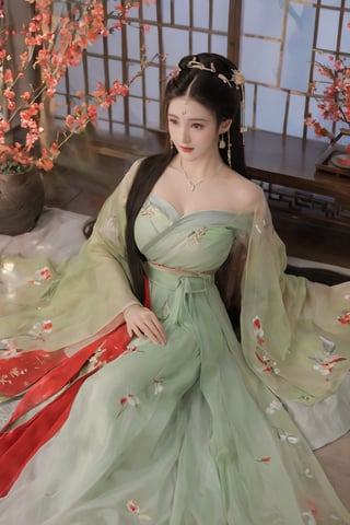 (masterpiece, best quality:1.2),1girl, solo, long hair, black hair,(huge breasts:1.89),Hairpins,necklace, hair ornament, dress, full body, flower, earrings, indoors, hair bun, (red-green dress:1.29),(Tube top Hanfu long skirt:1.1), pillow, bed, night, chinese clothes, table, branch,daxiushan, ,daxiushan style,(huge breasts:2.59), (full breasts:2.34), realistic,hanfu, daxiushan,Shoulders are exposed, , daxiushan, arien_hanfu,,More Reasonable Details,Xyunluo,Xningyudie