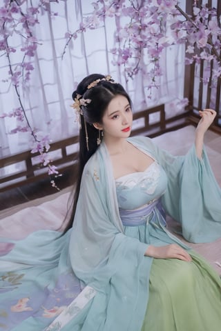 (masterpiece, best quality:1.2),1girl, solo, long hair, black hair,(huge breasts:1.89),Hairpins,necklace, hair ornament, dress, full body, flower, earrings, indoors, hair bun, (purple-green-blue dress:1.29),(Tube top Hanfu long skirt:1.1), pillow, bed, night, chinese clothes, table, branch,daxiushan, ,daxiushan style,(huge breasts:2.59), (full breasts:2.34), realistic,hanfu, daxiushan,Shoulders are exposed, , daxiushan, arien_hanfu,,More Reasonable Details,Xyunluo,Xningyudie