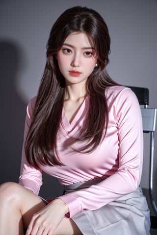 (Best quality, 8k, 32k, Masterpiece, UHD:1.2),Photo of Pretty Japanese girl, 1girl, mid-twenty girl, (medium-short dark brown hair), double eyelids,  long-legged, soft curves, (pink tight fit suit:1.39), (pink shirt, grey skirt:1.36), sitting on office chair, office, florwers, sexy face, seducing smile, look at viewer, exquisite detailed real skin texture,Xyunxiao ,(natural big breasts:1.39)