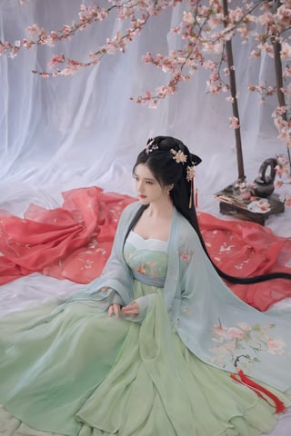 (masterpiece, best quality:1.2),1girl, solo, long hair, black hair,(huge breasts:1.89),Hairpins,necklace, hair ornament, dress, full body, flower, earrings, indoors, hair bun, (red-green dress:1.29),(Tube top Hanfu long skirt:1.1), pillow, bed, night, chinese clothes, table, branch,daxiushan, ,daxiushan style,(huge breasts:2.33), (full breasts:2.34), realistic,hanfu, daxiushan,Shoulders are exposed, , daxiushan, arien_hanfu,,More Reasonable Details,Xyunluo,Xningyudie