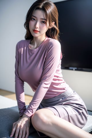 (Best quality, 8k, 32k, Masterpiece, UHD:1.2),Photo of Pretty Japanese girl, 1girl, mid-twenty girl, (medium-short dark brown hair), double eyelids,  long-legged, soft curves, (pink tight fit suit:1.39), (pink shirt, grey skirt:1.36), sitting on office chair, office, florwers, sexy face, seducing smile, look at viewer, exquisite detailed real skin texture,Xyunxiao ,(natural big breasts:1.39)