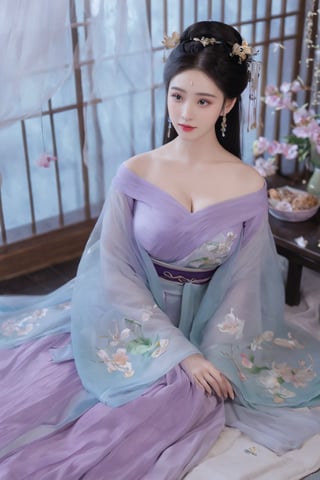 (masterpiece, best quality:1.2),1girl, solo, long hair, black hair,(huge breasts:1.89),Hairpins,necklace, hair ornament, dress, full body, flower, earrings, indoors, hair bun, (purple-green-blue dress:1.29),(Tube top Hanfu long skirt:1.1), pillow, bed, night, chinese clothes, table, branch,daxiushan, ,daxiushan style,(huge breasts:2.59), (full breasts:2.34), realistic,hanfu, daxiushan,Shoulders are exposed, , daxiushan, arien_hanfu,,More Reasonable Details,Xyunluo,Xningyudie