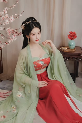 (masterpiece, best quality:1.2),1girl, solo, long hair, black hair,(huge breasts:1.89),Hairpins,necklace, hair ornament, dress, full body, flower, earrings, indoors, hair bun, (red-green dress:1.29),(Tube top Hanfu long skirt:1.1), pillow, bed, night, chinese clothes, table, branch,daxiushan, ,daxiushan style,(huge breasts:2.39), (full breasts:2.34), realistic,hanfu, daxiushan,Shoulders are exposed, , daxiushan, arien_hanfu,,More Reasonable Details,Xyunluo,Xningyudie