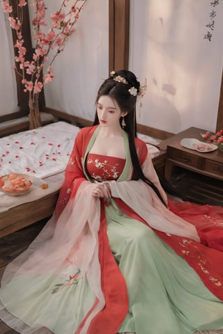 (masterpiece, best quality:1.2),1girl, solo, long hair, black hair,(huge breasts:1.89),Hairpins,necklace, hair ornament, dress, full body, flower, earrings, indoors, hair bun, (red-green dress:1.29),(Tube top Hanfu long skirt:1.1), pillow, bed, night, chinese clothes, table, branch,daxiushan, ,daxiushan style,(huge breasts:2.59), (full breasts:2.34), realistic,hanfu, daxiushan,Shoulders are exposed, , daxiushan, arien_hanfu,,More Reasonable Details,Xyunluo,Xningyudie