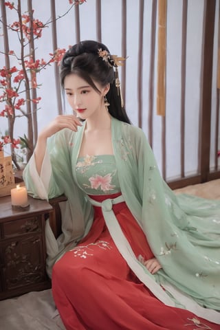 (masterpiece, best quality:1.2),1girl, solo, long hair, black hair,Hairpins,necklace, hair ornament, dress, full body, flower, earrings, indoors, hair bun, (red-green dress:1.29),(Tube top Hanfu long skirt:1.1), pillow, bed, night, chinese clothes, table, branch,daxiushan, ,daxiushan style,(huge breasts:2.33), (full breasts:2.34), realistic,hanfu, daxiushan,Shoulders are exposed, , daxiushan, arien_hanfu,,More Reasonable Details,Xyunluo,Xningyudie