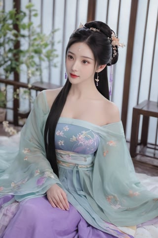 (masterpiece, best quality:1.2),1girl, solo, long hair, black hair,(huge breasts:1.89),Hairpins,necklace, hair ornament, dress, full body, flower, earrings, indoors, hair bun, (purple-green-blue dress:1.29),(Tube top Hanfu long skirt:1.1), pillow, bed, night, chinese clothes, table, branch,daxiushan, ,daxiushan style,(huge breasts:2.59), (full breasts:2.34), realistic,hanfu, daxiushan,Shoulders are exposed, , daxiushan, arien_hanfu,,More Reasonable Details,Xyunluo,Xningyudie