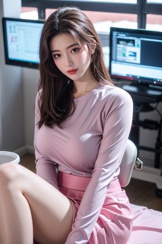 (Best quality, 8k, 32k, Masterpiece, UHD:1.2),Photo of Pretty Japanese girl, 1girl, mid-twenty girl, (medium-short dark brown hair), double eyelids,  long-legged, soft curves, (pink tight fit suit:1.39), (pink shirt, grey skirt:1.36), sitting on office chair, office, florwers, sexy face, seducing smile, look at viewer, exquisite detailed real skin texture,Xyunxiao ,(natural big breasts:1.39)