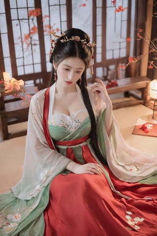 (masterpiece, best quality:1.2),1girl, solo, long hair, black hair,(huge breasts:1.89),Hairpins,necklace, hair ornament, dress, full body, flower, earrings, indoors, hair bun, (red-green dress:1.29),(Tube top Hanfu long skirt:1.1), pillow, bed, night, chinese clothes, table, branch,daxiushan, ,daxiushan style,(huge breasts:2.59), (full breasts:2.34), realistic,hanfu, daxiushan,Shoulders are exposed, , daxiushan, arien_hanfu,,More Reasonable Details,Xyunluo,Xningyudie