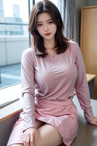 (Best quality, 8k, 32k, Masterpiece, UHD:1.2),Photo of Pretty Japanese girl, 1girl, mid-twenty girl, (medium-short dark brown hair), double eyelids,  long-legged, soft curves, (pink tight fit suit:1.39), (pink shirt, grey skirt:1.36), sitting on office chair, office, florwers, sexy face, seducing smile, look at viewer, exquisite detailed real skin texture,Xyunxiao ,(natural big breasts:1.39)