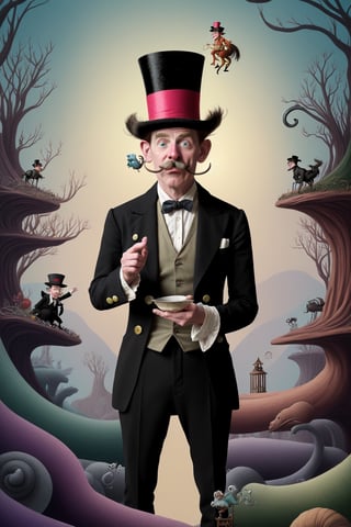 Create an enchanting digital artwork that captures the essence of "The Eccentric Adventures of Eustace van der Smut." Picture Eustace, a whimsical character with a handlebar mustache and a top hat, embarking on fantastical journeys through surreal landscapes filled with peculiar creatures and curious contraptions. Let the colors swirl and dance around him, echoing the eccentricity and wonder of his escapades. Let the scene be both whimsical and slightly mysterious, inviting viewers to immerse themselves in Eustace's extraordinary world.