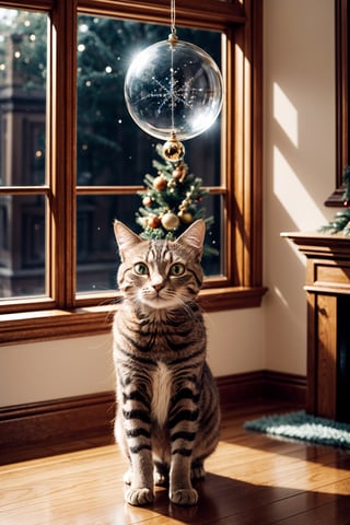 Fantasy photorealistic art of a cute cat Tom in a festive costume standing on the floor tries to hang a beautiful glass sphere on a branch of a Christmas tree, Christmas attributes, cinematic shot, soft light, amber light, magic atmosphere , flying particles, Christmas soks,thm style