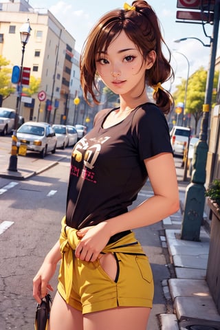 masterpiece, best quality, 1girl, solo,  ponytail, t-shirt, head to waist bodyshot, happy, outdoors, street, lamppost, hair bow, (pretty girl:1.2), realistic, raw photo, low key, illustration, small eyes, (yellow brown hair:1.3),photorealistic, 21 years old female, ,HKFace