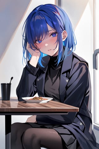 masterpiece, high contrast, sitting, sitting at table, eating bowl of soup iwth spoon, a girl in long black winter coat, looking at viewer, one head resting on hand, one hand holding spoon, 

long black winter coat, black sweater underneath, bob cut, dark royal blue hair, medium length hair, hair behind ear, side bangs, (black coat, black pleated skirt, black tights)
,xlinex