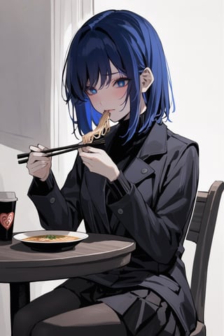 masterpiece, high contrast, sitting, sitting at table, eating ramen noodles, holding chopsticks, a girl in long black winter coat, long black winter coat, black sweater underneath, bob cut, dark royal blue hair, medium length hair, hair behind ear, side bangs, (black coat, black pleated skirt, black tights)
,outline,xlinex