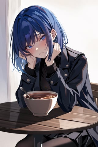 masterpiece, high contrast, sitting, sitting at table, eating bowl of soup iwth spoon, a girl in long black winter coat, looking at viewer, one head resting on hand, one hand holding spoon, 

long black winter coat, black sweater underneath, bob cut, dark royal blue hair, medium length hair, hair behind ear, side bangs, (black coat, black pleated skirt, black tights)
,xlinex