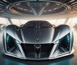  Ultra realistic 8K image, of a Shiny  Massive futurist spaceship with light edges and borders, parked on the ground in a space port hanger inspired by cyberpunk,wedge-shaped,  space area background, (Front Side view), sharp focus, symmetrical,fly car ,spcrft,Lamborghini 1980,Starship,HuracánCar,zaha style,c_car,style,futuristic car