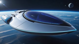  Ultra realistic 8K image, of a Shiny silver Massive futurist spaceship with blue Neon edges and borders, parked on the ground in a space port hanger inspired by cyberpunk,wedge-shaped,  space area background, (Front Side view), sharp focus, symmetrical,fly ship ,spcrft,(Volkswagen Beetle: 0.5),Starship,no wheels,in sky,Antigravity suspension,The metal is smooth and seamless,no Joint groove,Light halo,Dim light,No ground shadow,