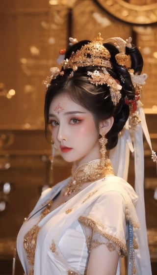 a sorceress, white hair,  gold and white brassiere , detailed face, vines, stars, ((surrealism)), (abstract), intricately detailed gothic art triadic colors, fantastical, splash screen, fantasy high magic concept art, 8k resolution, (gothic masterpiece), oil painting, heavy strokes, HW*,short hair bang,hair bangs are above the eyebrows,no bang,Narin,beautyniji,1girl,women,girl,realistic,Double eyelids,bow on her head, cute eye,cute lip