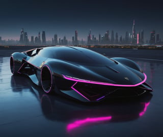  Ultra realistic 8K image, of a Shiny black Massive futurist spaceship with Neon edges and borders, parked on the ground in a space port hanger inspired by cyberpunk,wedge-shaped,  space area background, (Front Side view), sharp focus, symmetrical,fly car ,spcrft,Lamborghini 1980,Starship,HuracánCar,